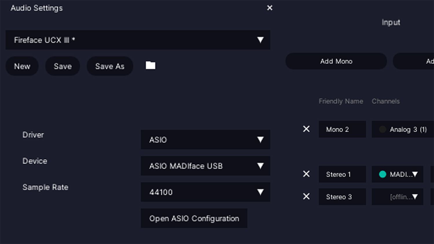 Inspect Audio Settings dialog with driver and channel routing