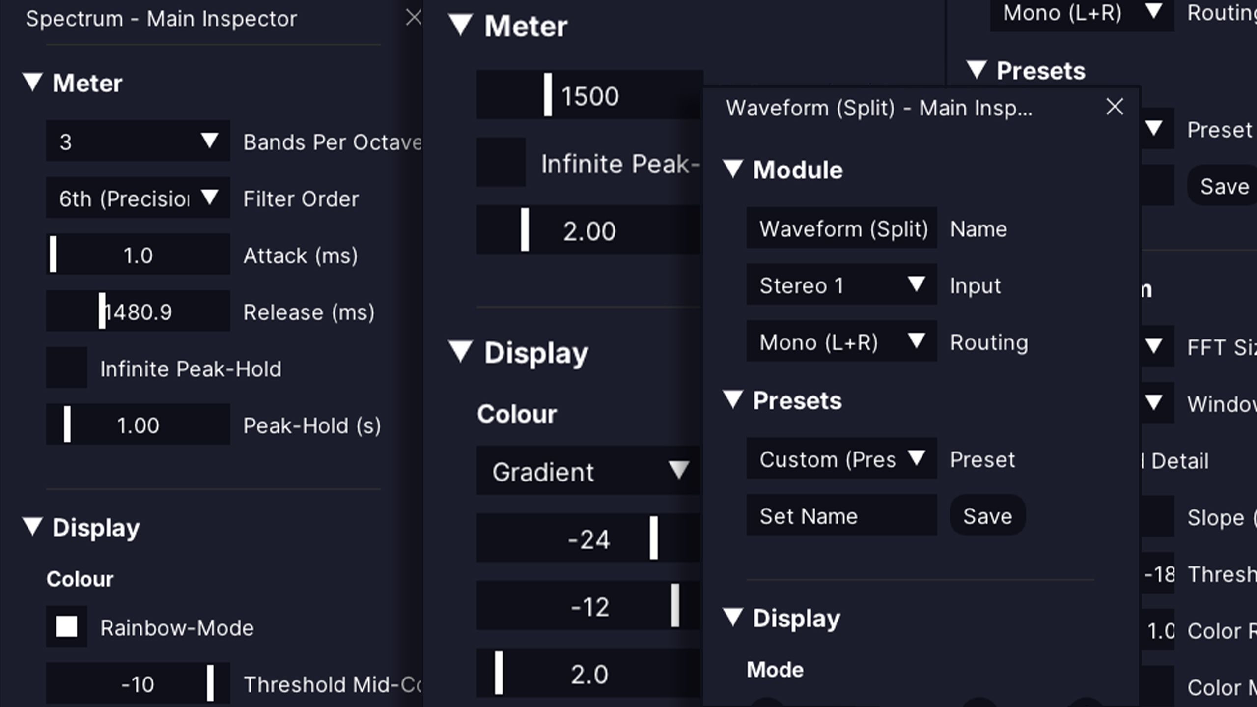 Inspect module settings panels for spectrum and waveform